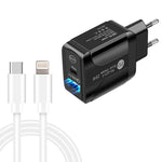 ที่ชาร์จเร็ว PD25W USB-C / Type-C + QC3.0 USB สองพอร์ต พร้อมสายข้อมูล USB-C เป็น 8 พิน, ปลั๊ก EU, ปลั๊ก EU + สาย USB-C เป็น 8 พิน