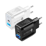 ที่ชาร์จเร็ว PD25W USB-C / Type-C + QC3.0 USB สองพอร์ต พร้อมสายข้อมูล USB-C เป็น 8 พิน, ปลั๊ก EU, ปลั๊ก EU + สาย USB-C เป็น 8 พิน