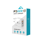 ที่ชาร์จเร็ว PD25W USB-C / Type-C + QC3.0 USB สองพอร์ต พร้อมสายข้อมูล USB-C เป็น 8 พิน, ปลั๊ก EU, ปลั๊ก EU + สาย USB-C เป็น 8 พิน