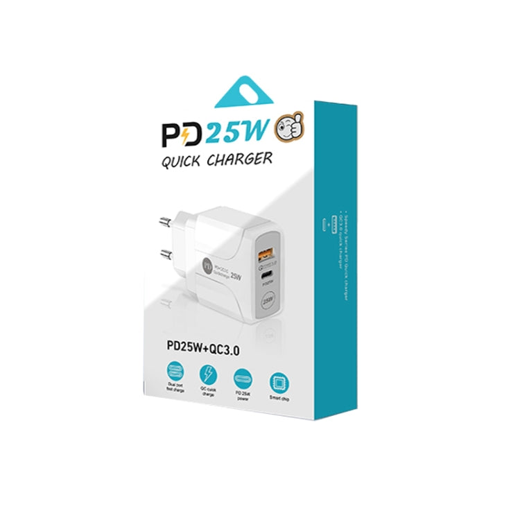 ที่ชาร์จเร็ว PD25W USB-C / Type-C + QC3.0 USB สองพอร์ต พร้อมสายข้อมูล USB-C เป็น 8 พิน, ปลั๊ก EU, ปลั๊ก EU + สาย USB-C เป็น 8 พิน