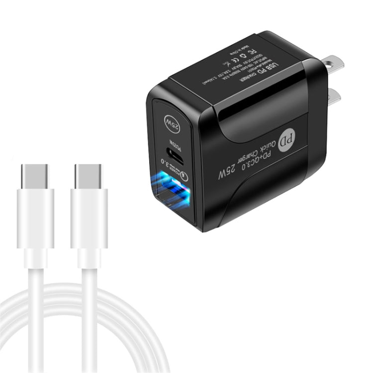 PD25W ที่ชาร์จเร็วพอร์ตคู่ USB-C / Type-C + QC3.0 USB พร้อมสายข้อมูล USB-C เป็น USB-C, ปลั๊ก US, ปลั๊ก US + สาย USB-C เป็น USB-C