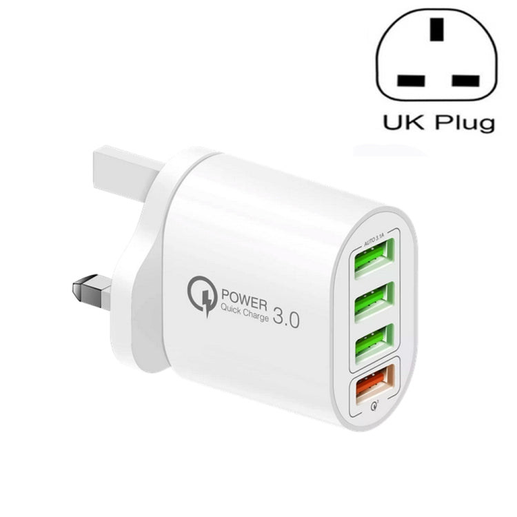 QC-04 ที่ชาร์จหลายพอร์ต QC3.0 + 3 x USB 2.0 สำหรับโทรศัพท์มือถือแท็บเล็ต, ปลั๊ก UK, ปลั๊ก UK
