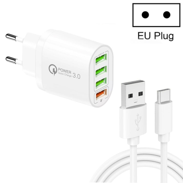QC-04 ที่ชาร์จหลายพอร์ต QC3.0 + 3 x USB2.0 พร้อมสายข้อมูล USB 3A เป็น Type-C, ปลั๊ก EU, ปลั๊ก EU + สาย Type-C