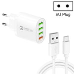 QC-04 ที่ชาร์จหลายพอร์ต QC3.0 + 3 x USB2.0 พร้อมสายข้อมูล USB 3A เป็น Type-C, ปลั๊ก EU, ปลั๊ก EU + สาย Type-C
