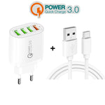 QC-04 ที่ชาร์จหลายพอร์ต QC3.0 + 3 x USB2.0 พร้อมสายข้อมูล USB 3A เป็น Type-C, ปลั๊ก EU, ปลั๊ก EU + สาย Type-C