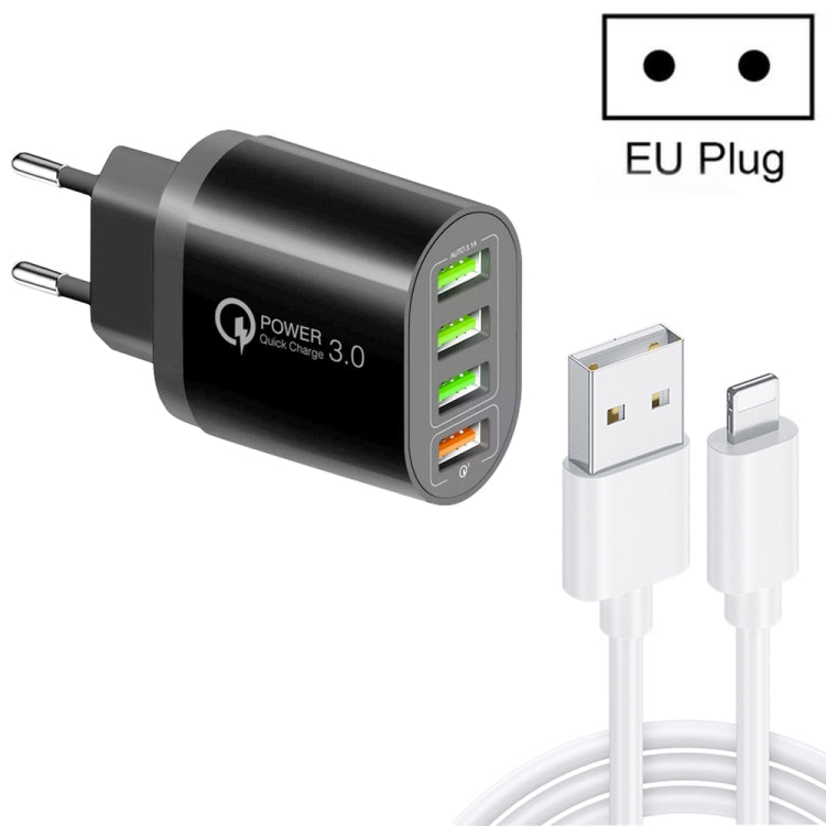 QC-04 ชาร์จหลายพอร์ต QC3.0 + USB2.0 3 พอร์ต พร้อมสายข้อมูล USB 3A เป็น 8 Pin ปลั๊ก EU