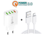 QC-04 ชาร์จหลายพอร์ต QC3.0 + USB2.0 3 พอร์ต พร้อมสายข้อมูล USB 3A เป็น 8 Pin ปลั๊ก EU