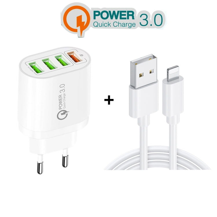QC-04 ชาร์จหลายพอร์ต QC3.0 + USB2.0 3 พอร์ต พร้อมสายข้อมูล USB 3A เป็น 8 Pin ปลั๊ก EU