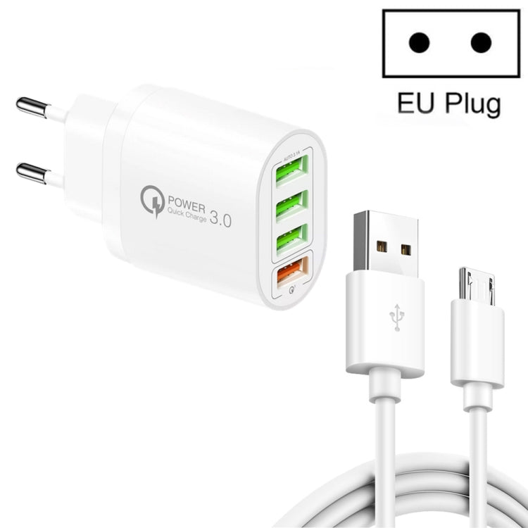 QC-04 ที่ชาร์จหลายพอร์ต QC3.0 + 3 x USB2.0 พร้อมสายข้อมูล USB เป็น Micro USB 3A, ปลั๊ก EU, ปลั๊ก EU + สาย Micro USB