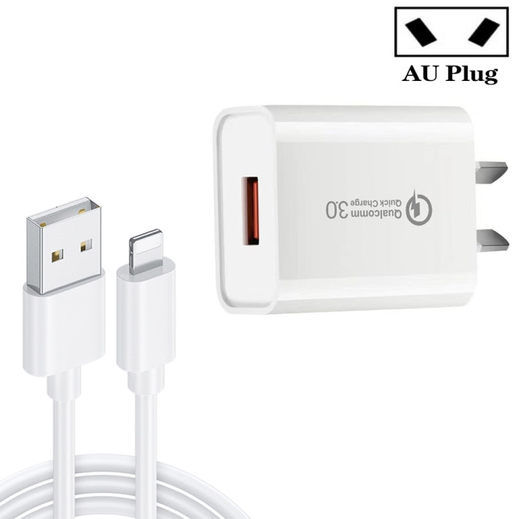 ที่ชาร์จเร็ว CA-25 QC3.0 USB 3A พร้อมสายข้อมูล USB เป็น 8 พิน, ปลั๊ก AU, ปลั๊ก AU + สาย 8 พิน