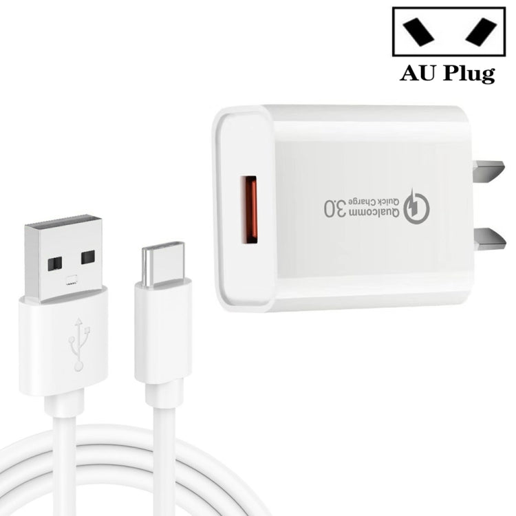 CA-25 ที่ชาร์จเร็ว QC3.0 USB 3A พร้อมสายข้อมูล USB 1m เป็น Type-C, ปลั๊ก AU, ปลั๊ก AU + สาย Type-C