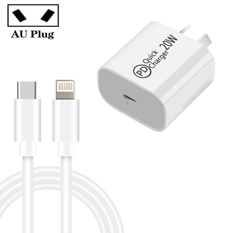ที่ชาร์จเดินทาง AU-20W PD USB-C / Type-C พร้อมสายข้อมูล USB-C เป็น 8 พิน, ปลั๊ก AU, ปลั๊ก AU + สาย PD 8 พิน 1 ม., ปลั๊ก AU + สาย PD 8 พิน 2 ม.