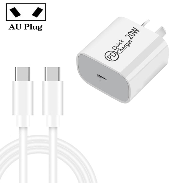 ที่ชาร์จเดินทาง AU-20W PD USB-C / Type-C พร้อมสายข้อมูล Type-C ถึง Type-C, ปลั๊ก AU, ปลั๊ก AU + สาย PD 1 ม., ปลั๊ก AU + สาย PD 2 ม.