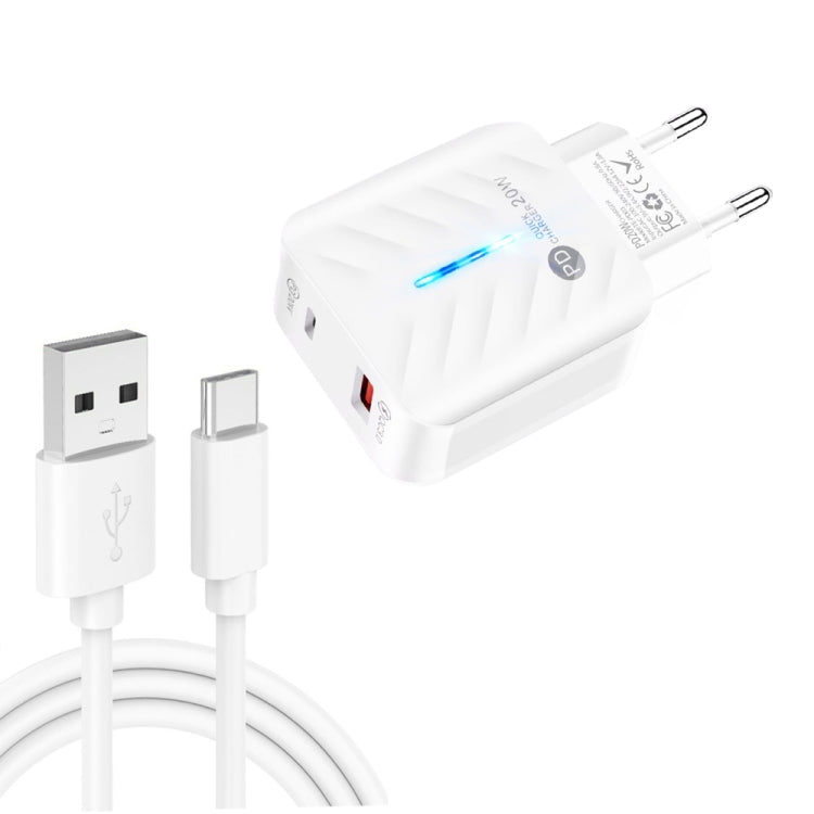 ที่ชาร์จ USB PD03 20W PD3.0 + QC3.0 พร้อมสายข้อมูล USB ถึง Type-C, ปลั๊ก EU, ปลั๊ก EU, ปลั๊ก EU + สาย USB ถึง Type-C
