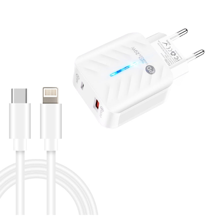 ที่ชาร์จ PD03 20W PD3.0 + QC3.0 USB พร้อมสายข้อมูล Type-C เป็น 8 พิน, ปลั๊ก EU, ปลั๊ก EU + สาย Type-C เป็น 8 พิน