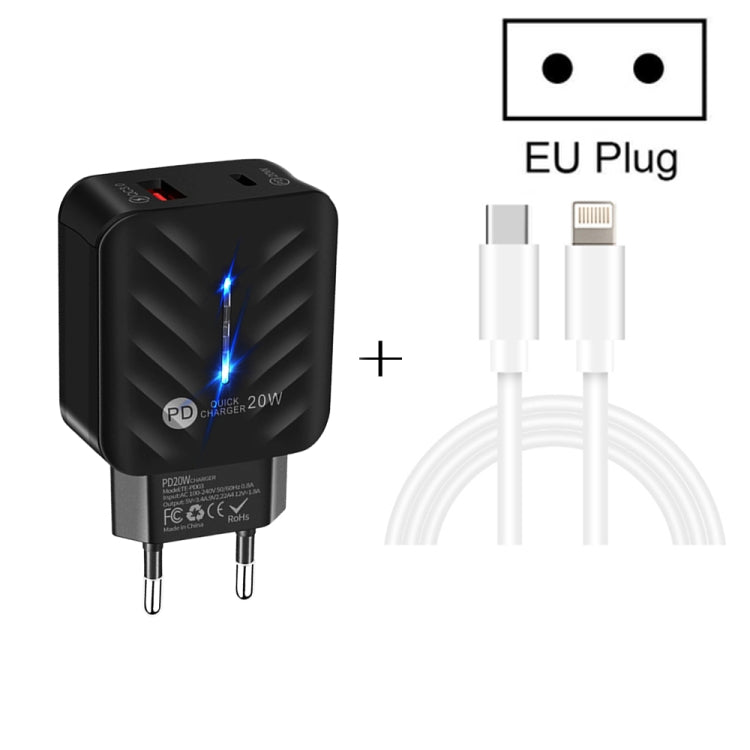 ที่ชาร์จ PD03 20W PD3.0 + QC3.0 USB พร้อมสายข้อมูล Type-C เป็น 8 พิน, ปลั๊ก EU, ปลั๊ก EU + สาย Type-C เป็น 8 พิน