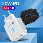 ที่ชาร์จ PD03 20W PD3.0 + QC3.0 USB พร้อมสายข้อมูล Type-C เป็น 8 พิน, ปลั๊ก EU, ปลั๊ก EU + สาย Type-C เป็น 8 พิน