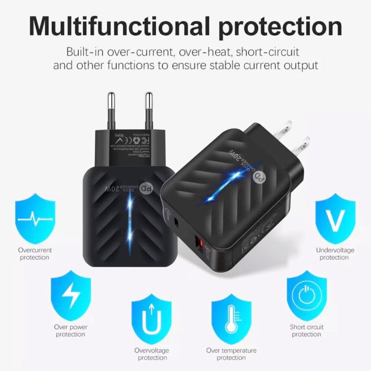 ที่ชาร์จ PD03 20W PD3.0 + QC3.0 USB พร้อมสายข้อมูล Type-C เป็น 8 พิน, ปลั๊ก EU, ปลั๊ก EU + สาย Type-C เป็น 8 พิน