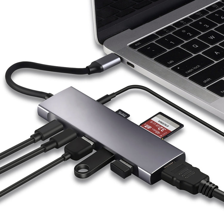 อะแดปเตอร์ HUB USB Type-C 9-in-1 เป็น HDMI + USB3.0 x 3 + Type-C + PD + SD/TF + เสียง, HDMI + USB3.0 x 3 + Type-C + PD + SD/TF + เสียง เป็น Type-C