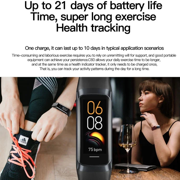 C60 สายฟิตเนสสมาร์ทกันน้ำ IP67 ขนาด 1.1 นิ้ว