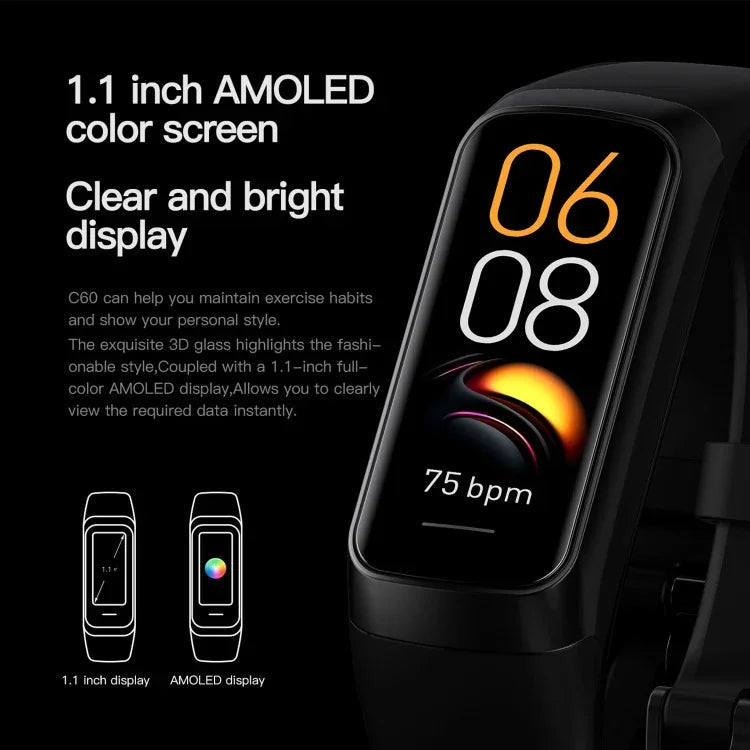 C60 สายฟิตเนสสมาร์ทกันน้ำ IP67 ขนาด 1.1 นิ้ว