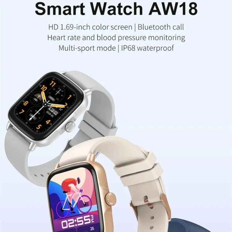 นาฬิกาอัจฉริยะหน้าจอสี AW18 1.69 นิ้ว รองรับการโทร Bluetooth / ตรวจวัดอัตราการเต้นหัวใจ