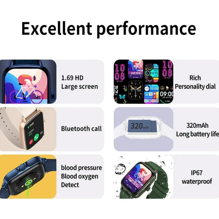 นาฬิกาอัจฉริยะหน้าจอสี AW18 1.69 นิ้ว รองรับการโทร Bluetooth / ตรวจวัดอัตราการเต้นหัวใจ