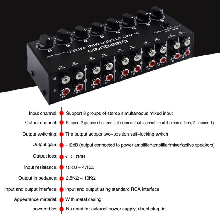 B066 มิกเซอร์เสียงสเตอริโอ 8 ช่อง RCA แบบพาสซีฟ ไม่มีแหล่งจ่ายไฟ, 8 ช่อง RCA