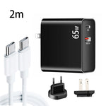 อะแดปเตอร์ชาร์จแล็ปท็อป PD-65W USB-C / Type-C + QC3.0 USB พร้อมชุดสายข้อมูล USB-C / Type-C ถึง USB-C / Type-C ยาว 2 เมตร, ปลั๊ก EU / ปลั๊ก US, สาย USB-C / Type-C, ปลั๊ก EU / ปลั๊ก US