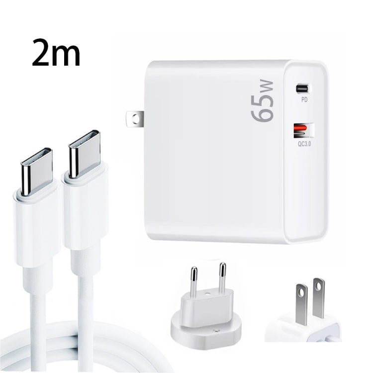 อะแดปเตอร์ชาร์จแล็ปท็อป PD-65W USB-C / Type-C + QC3.0 USB พร้อมชุดสายข้อมูล USB-C / Type-C ถึง USB-C / Type-C ยาว 2 เมตร, ปลั๊ก EU / ปลั๊ก US, สาย USB-C / Type-C, ปลั๊ก EU / ปลั๊ก US