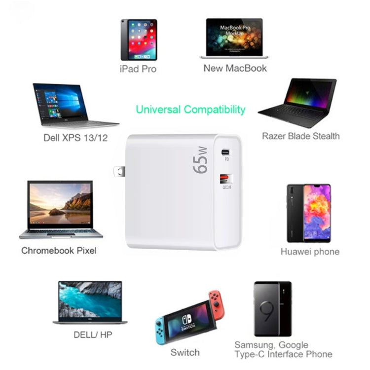 อะแดปเตอร์ชาร์จแล็ปท็อป PD-65W USB-C / Type-C + QC3.0 USB พร้อมชุดสายข้อมูล USB-C / Type-C ถึง USB-C / Type-C ยาว 2 เมตร, ปลั๊ก EU / AU / US / UK, สาย USB-C / Type-C, ปลั๊ก EU / AU / US / UK