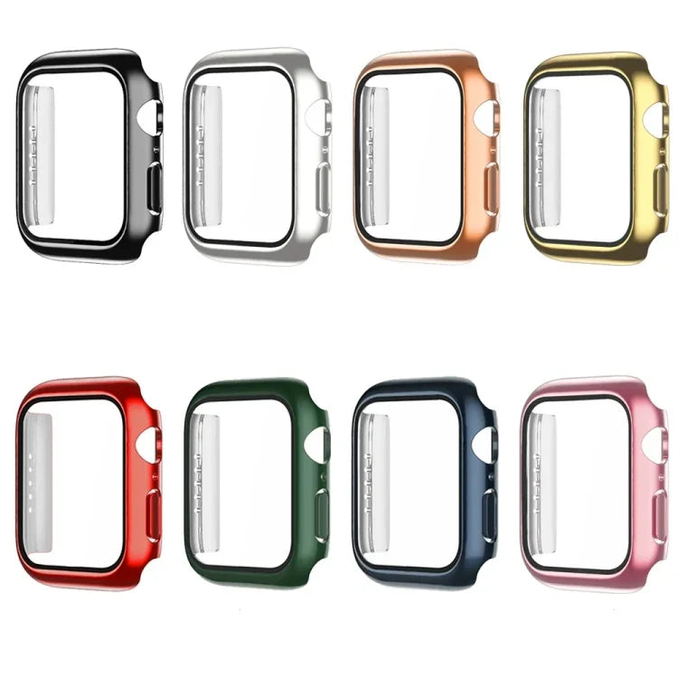 เคส PC ชุบไฟฟ้าสีเดียวพร้อมฟิล์มกระจกนิรภัย สำหรับ Apple Watch Series 9 / 8 / 7 45มม., สำหรับ Apple Watch Series 8 / 7 45มม., สำหรับ Apple Watch Series 6/5/4/SE 44มม., สำหรับ Apple Watch Series 3/2/1 42มม., สำหรับ Apple Watch Series 9 / 8 / 7 41มม.