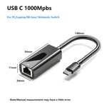 อะแดปเตอร์การ์ดเครือข่าย RJ45 ความเร็ว 1000Mbps USB Ethernet, USB 3.0, Type-C
