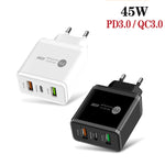 ที่ชาร์จเร็ว 45W PD3.0 + 2 x QC3.0 USB หลายพอร์ต, ปลั๊ก EU, ปลั๊ก EU