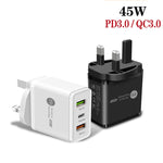 ที่ชาร์จเร็วพอร์ต USB หลายพอร์ต 45W PD3.0 + 2 x QC3.0 พร้อมปลั๊ก UK