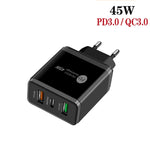 ที่ชาร์จพอร์ต USB หลายพอร์ต 45W PD3.0 + 2 x QC3.0 พร้อมสาย Type-C เป็น 8 Pin และปลั๊ก EU