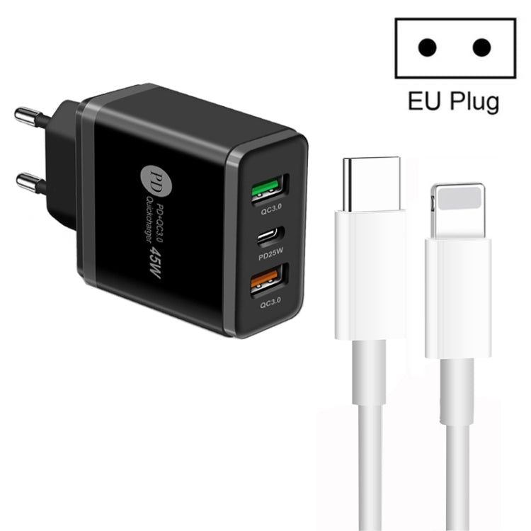 ที่ชาร์จพอร์ต USB หลายพอร์ต 45W PD3.0 + 2 x QC3.0 พร้อมสาย Type-C เป็น 8 Pin และปลั๊ก EU