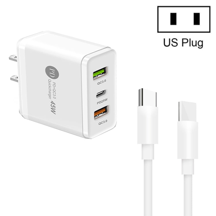 ที่ชาร์จ USB หลายพอร์ต 45W PD3.0 + 2 x QC3.0 พร้อมสาย Type-C ถึง Type-C, ปลั๊ก US, ปลั๊ก US + สาย Type-C ถึง Type-C