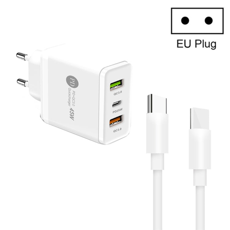 ที่ชาร์จ USB หลายพอร์ต 45W PD3.0 + 2 x QC3.0 พร้อมสาย Type-C ถึง Type-C, ปลั๊ก EU, ปลั๊ก EU + สาย Type-C ถึง Type-C