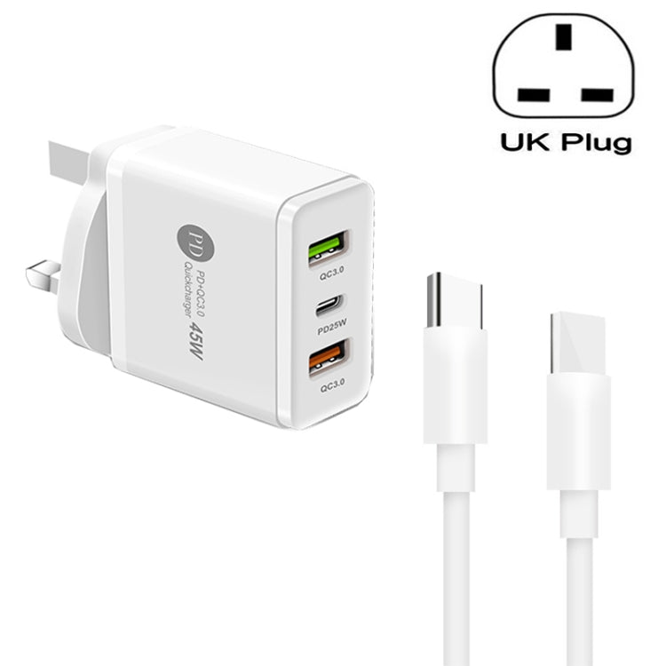 ที่ชาร์จ USB หลายพอร์ต 45W PD3.0 + 2 x QC3.0 พร้อมสาย Type-C ถึง Type-C, ปลั๊ก UK, ปลั๊ก UK + สาย Type-C ถึง Type-C