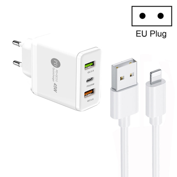ที่ชาร์จพอร์ต USB หลายพอร์ต 45W PD25W + 2 x QC3.0 พร้อมสาย USB เป็น 8 Pin และปลั๊ก EU