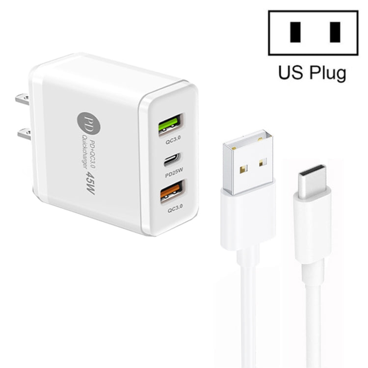 ที่ชาร์จ USB หลายพอร์ต 45W PD25W + 2 x QC3.0 พร้อมสาย USB ถึง Type-C, ปลั๊ก US, ปลั๊ก US + สาย USB ถึง Type-C