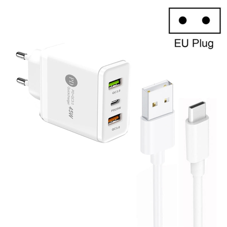 ที่ชาร์จ USB หลายพอร์ต 45W PD25W + 2 x QC3.0 พร้อมสาย USB ถึง Type-C, ปลั๊ก EU, ปลั๊ก EU + สาย USB ถึง Type-C