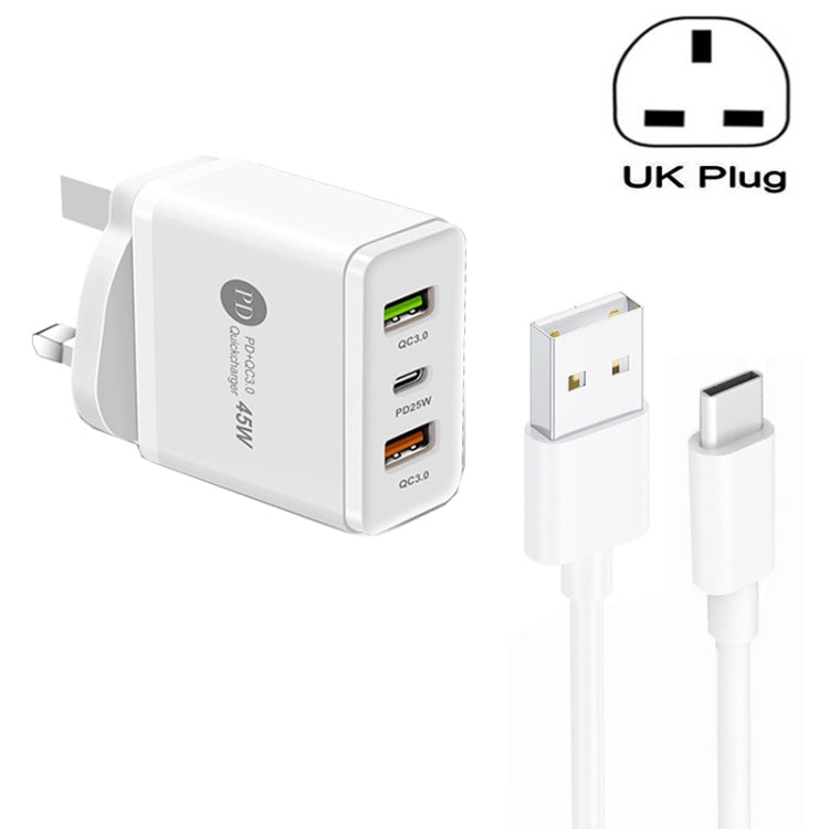 ที่ชาร์จ USB หลายพอร์ต 45W PD25W + 2 x QC3.0 พร้อมสาย USB ถึง Type-C, ปลั๊ก UK, ปลั๊ก UK + สาย USB ถึง Type-C