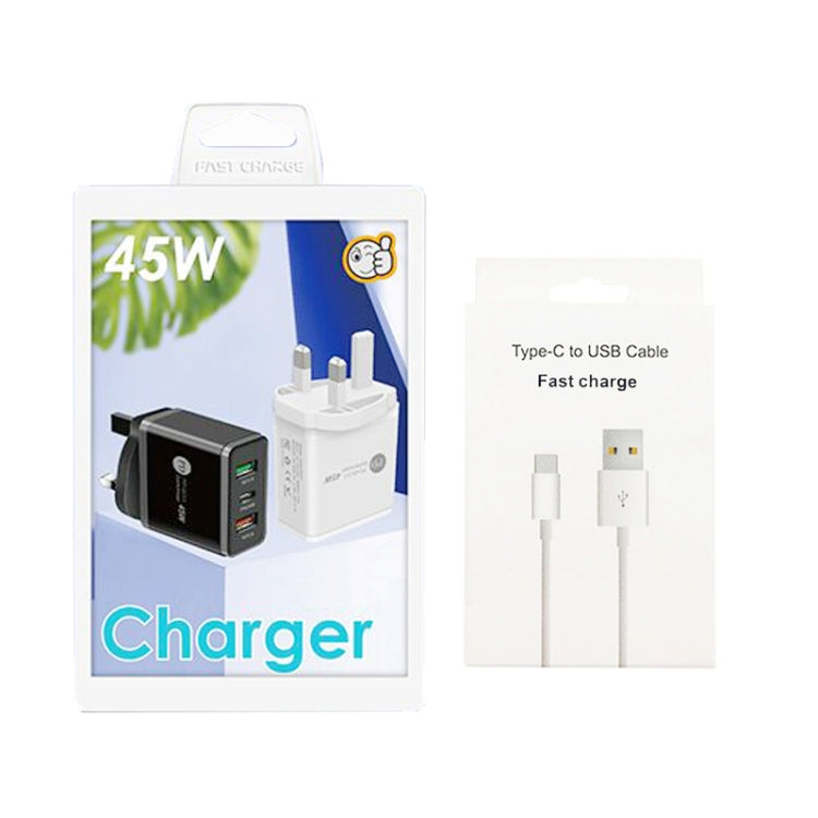 ที่ชาร์จ USB หลายพอร์ต 45W PD25W + 2 x QC3.0 พร้อมสาย USB ถึง Type-C, ปลั๊ก UK, ปลั๊ก UK + สาย USB ถึง Type-C