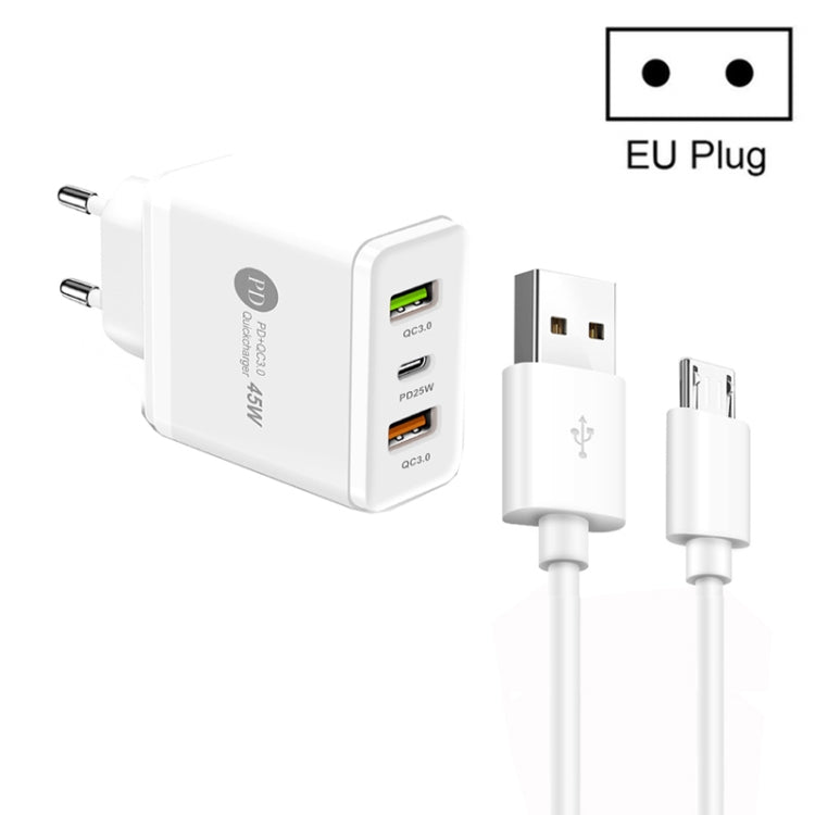 ที่ชาร์จ USB หลายพอร์ต 45W PD25W + 2 x QC3.0 พร้อมสาย USB ถึง Micro USB, ปลั๊ก EU, ปลั๊ก EU + สาย USB ถึง Micro USB