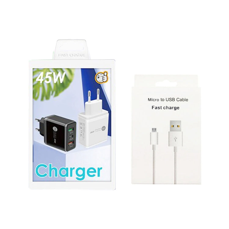ที่ชาร์จ USB หลายพอร์ต 45W PD25W + 2 x QC3.0 พร้อมสาย USB ถึง Micro USB, ปลั๊ก EU, ปลั๊ก EU + สาย USB ถึง Micro USB
