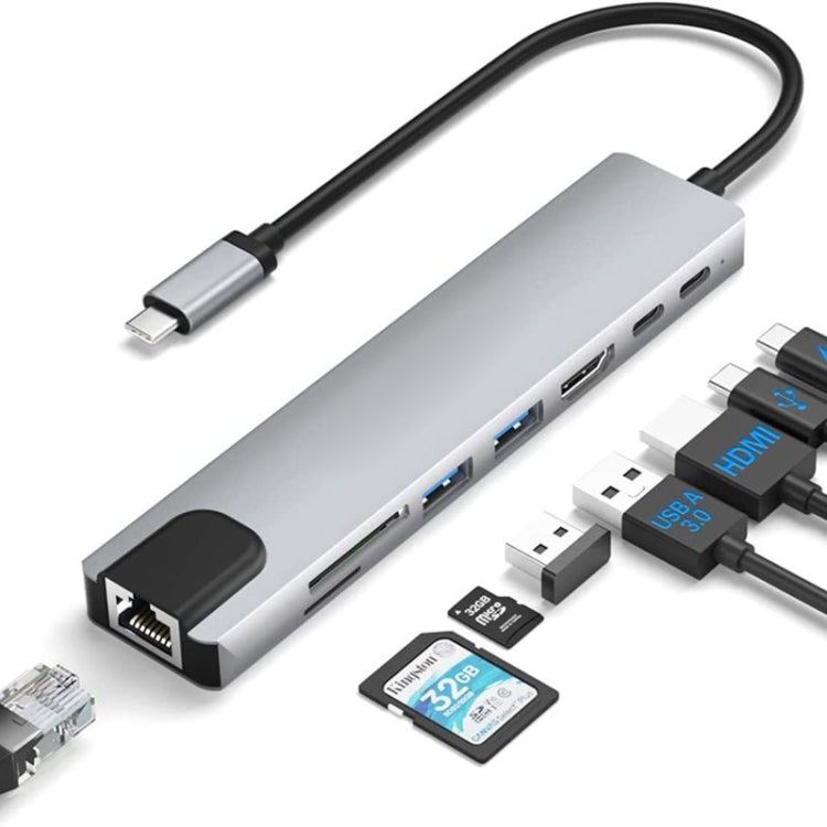 ฮับ USB-C / Type-C 8-in-1 รุ่น DS-20808 พร้อมพอร์ต HDMI 4K, USB 3.0, เครื่องอ่านการ์ด SD/TF สำหรับ MacBook Pro/Air และอุปกรณ์ Type C อื่นๆ