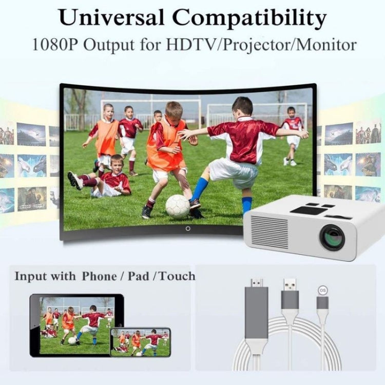 สายแปลง 2 เมตร 1080P 8 พิน เป็น HDMI, รองรับอะแดปเตอร์ iPhone เป็น HDMI, 8 พิน