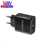 ที่ชาร์จโทรศัพท์มือถือ USB พอร์ตคู่ 36W QC3.0 กำลังขาออกคู่ 18W พร้อมปลั๊ก EU